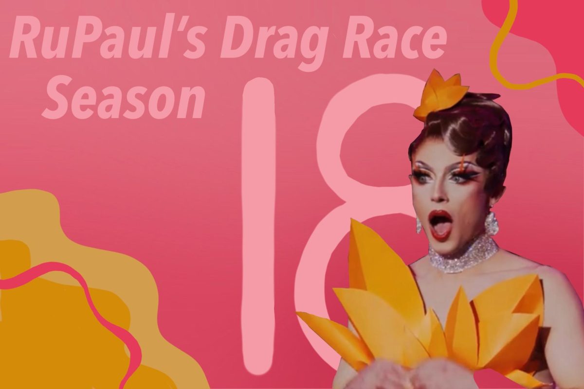 A drag queen wearing orange makes a surprised face. The pink background reads “RuPaul’s Drag Race Season 18.”