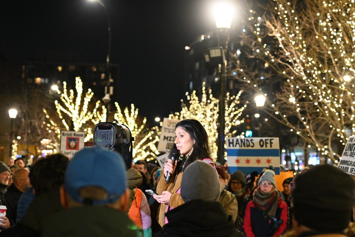 A person with a microphone addresses a crowd.