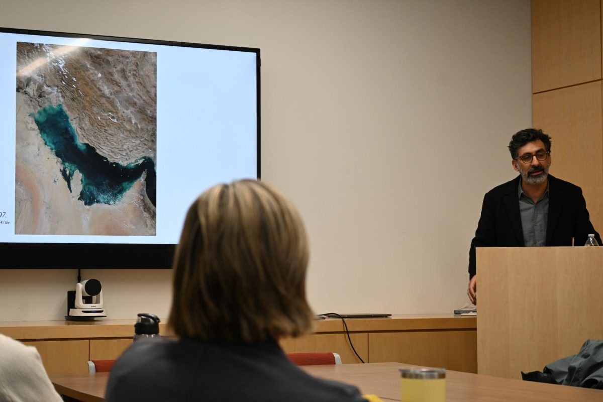 A person speaks in front of a microphone, whiteboard and tv showing a picture.