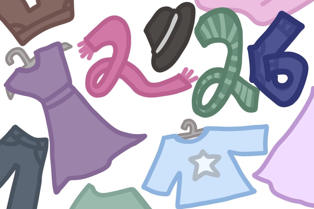 An illustration of various colorful clothing pieces fills a white background.