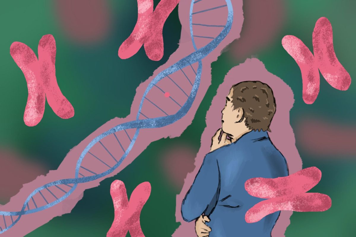 An illustration of a figure looking at DNA strands and chromosomes.