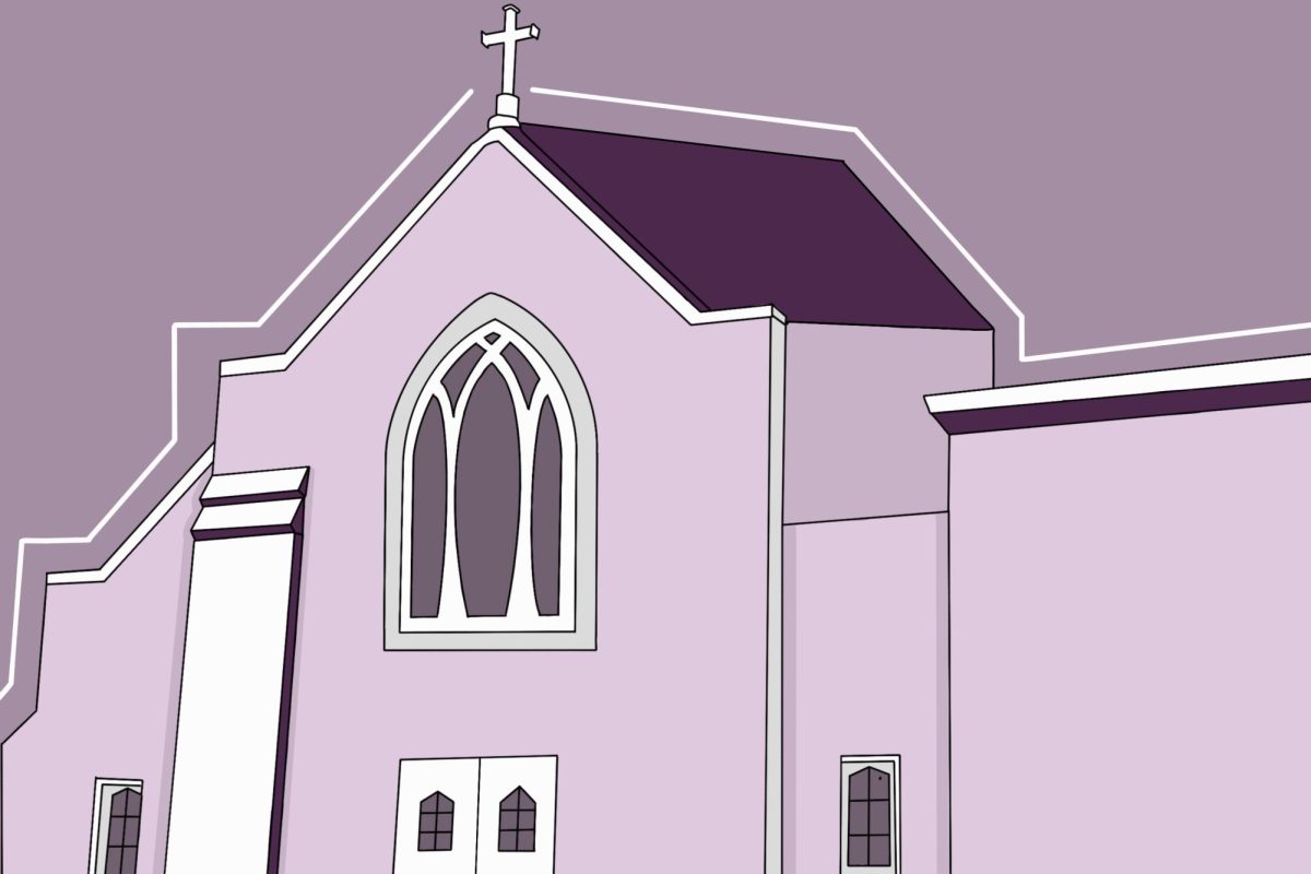 A purple illustration of a church.