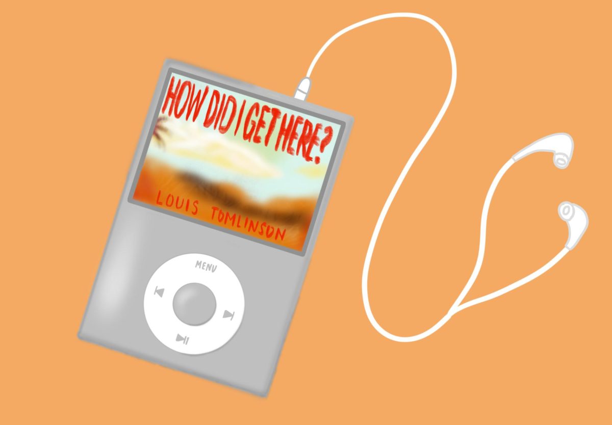 Portable music player says ‘How Did I Get Here?’ on the screen, with wired earbuds plugged into it