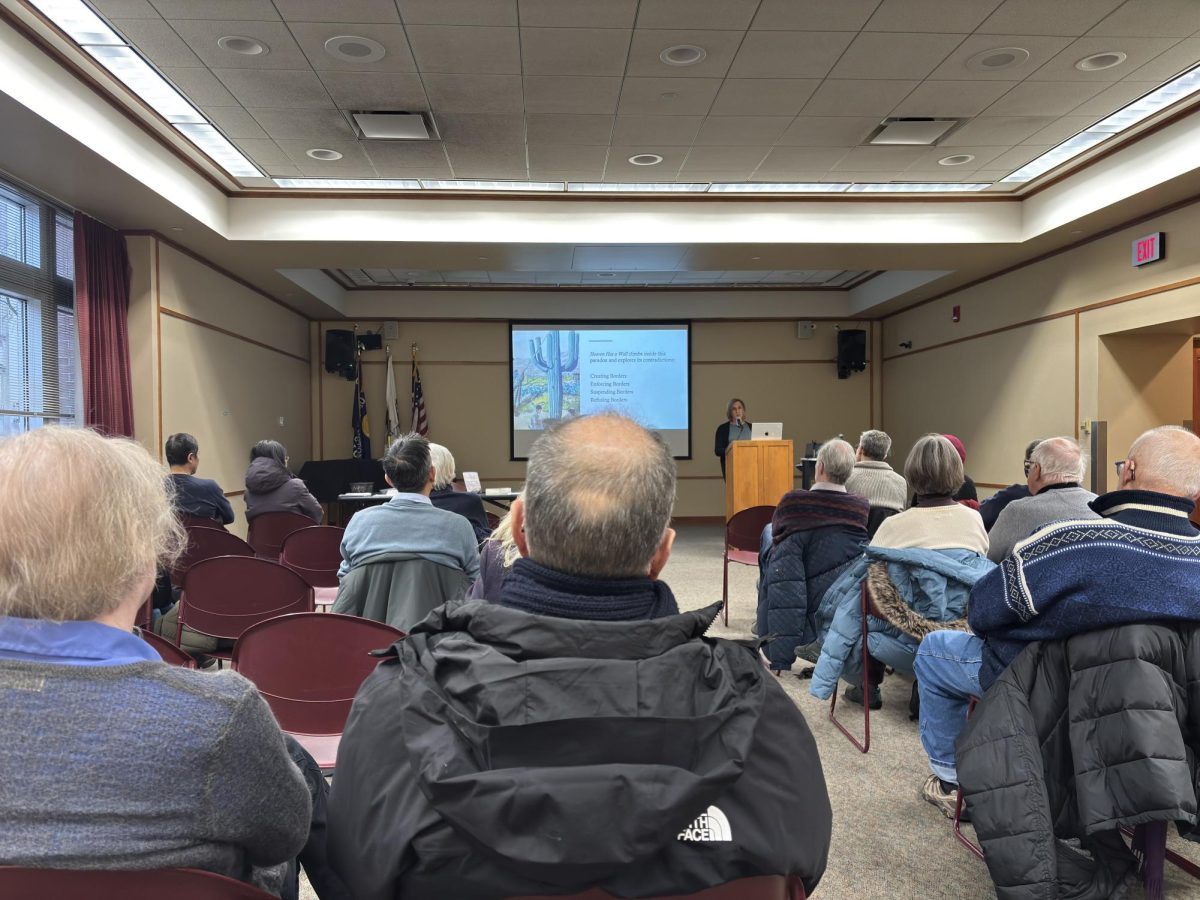 A woman presents in front of an audience.