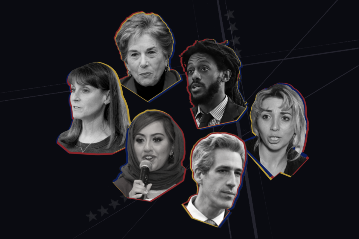 The faces of various politicians on a black background