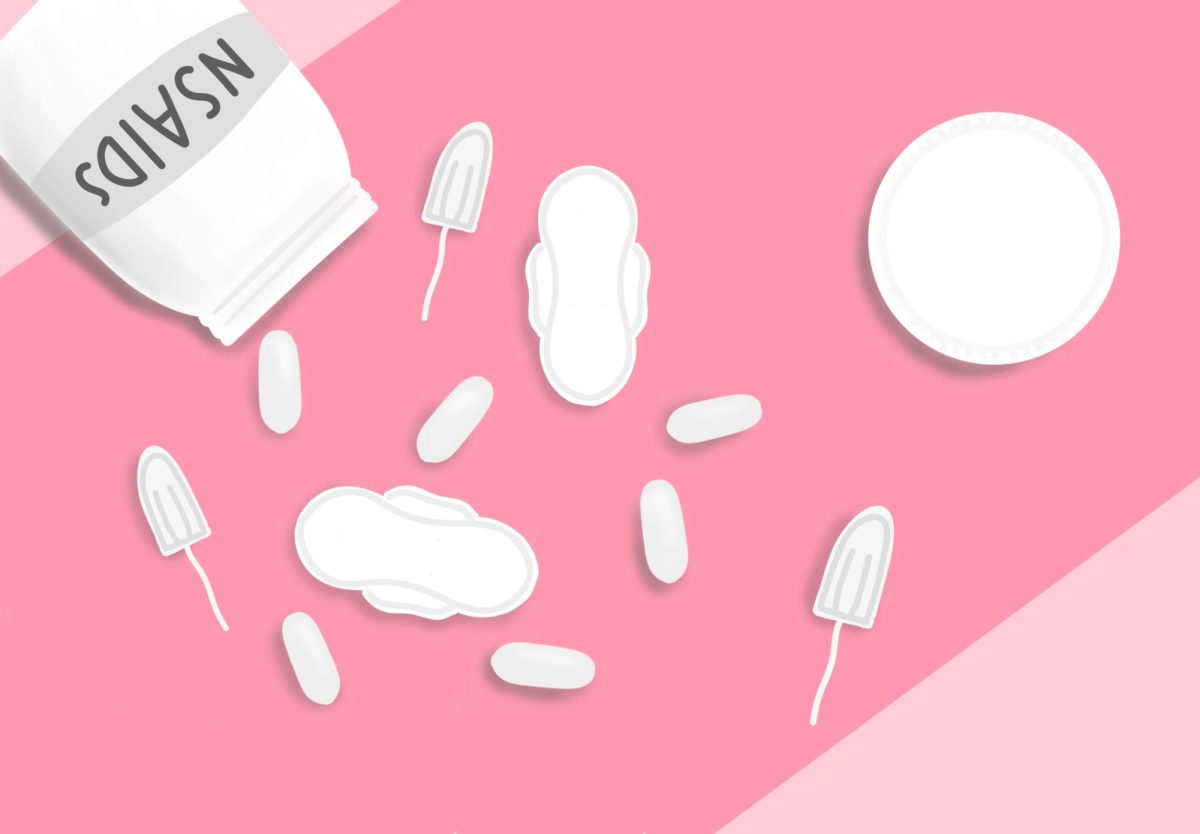 On a pink background, a white pill bottle with “NSAID” printed pours out white pills alongside pill-sized tampons and menstrual pads.