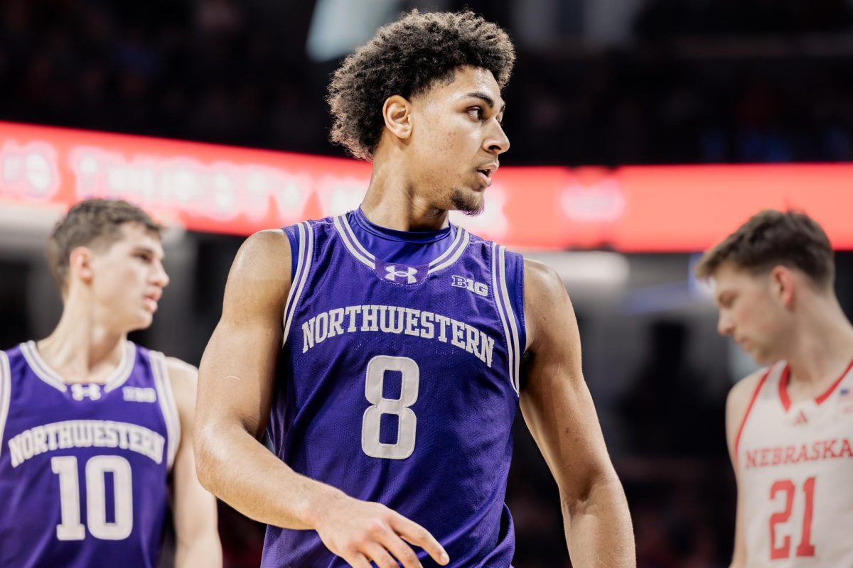 A Northwestern player glances to the side.