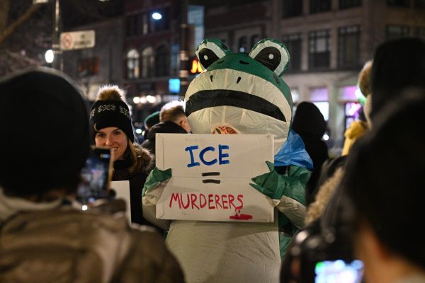A person in a frog costume holds a sign that reads &ldquo;ICE = MURDERERS.&rdquo;