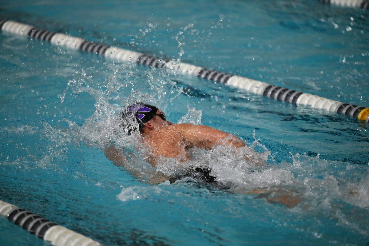 An athlete swims freestyle in a pool.