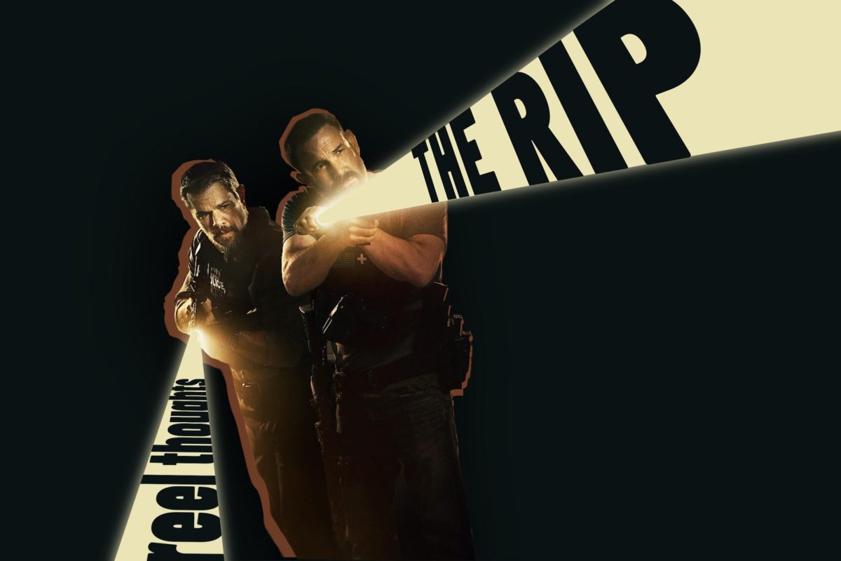 Matt Damon and Ben Affleck hold up point lights into a dark background. The illuminated areas show text that reads, “Reel Thoughts” and “The Rip.”