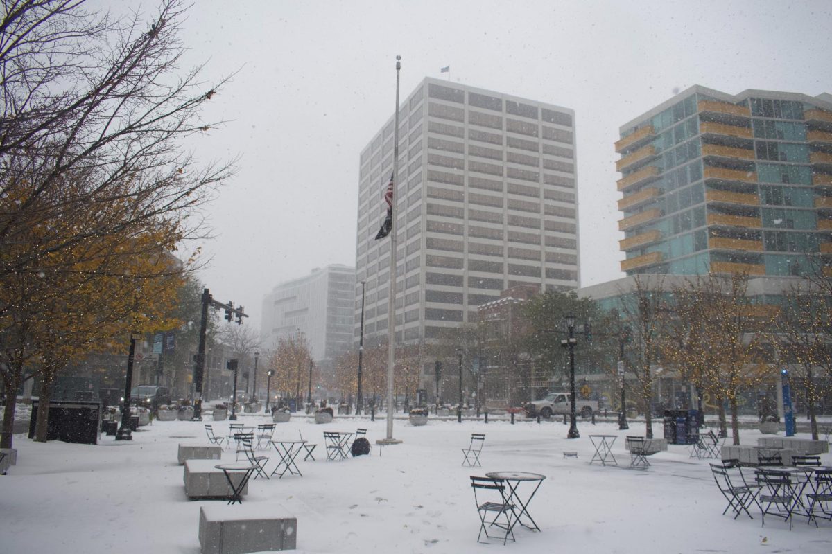 Building in the snow with a flagpole in the foreground