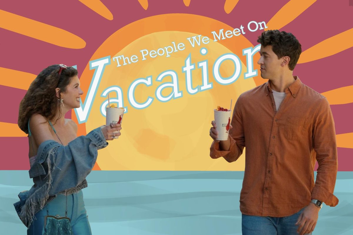 Main characters Poppy and Alex stand holding fun drinks with the ocean and a large sun glowing behind them.