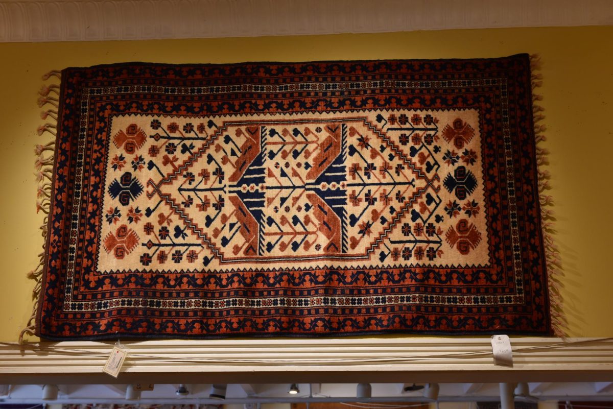 Multi-colored rug hung up inside a store.