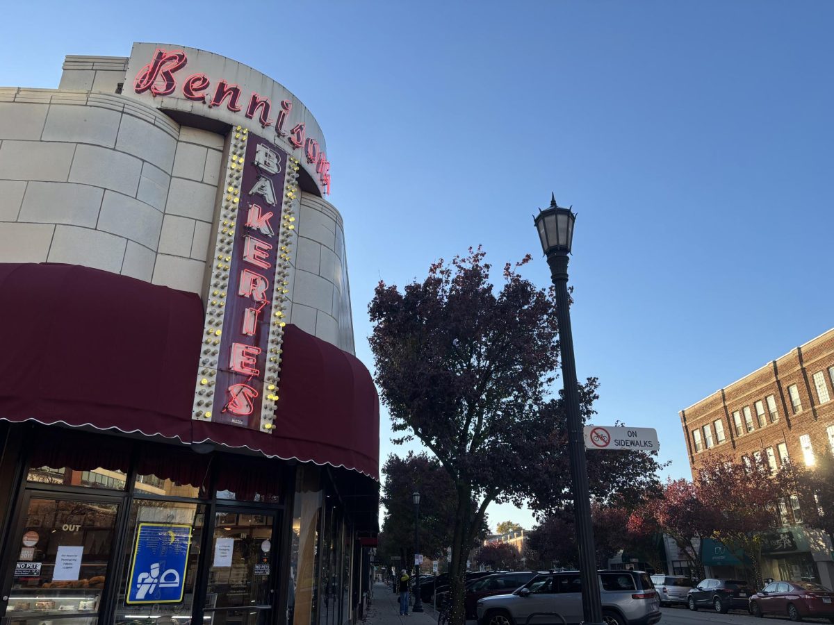 The lit-up sign of Bennison's Bakeries.