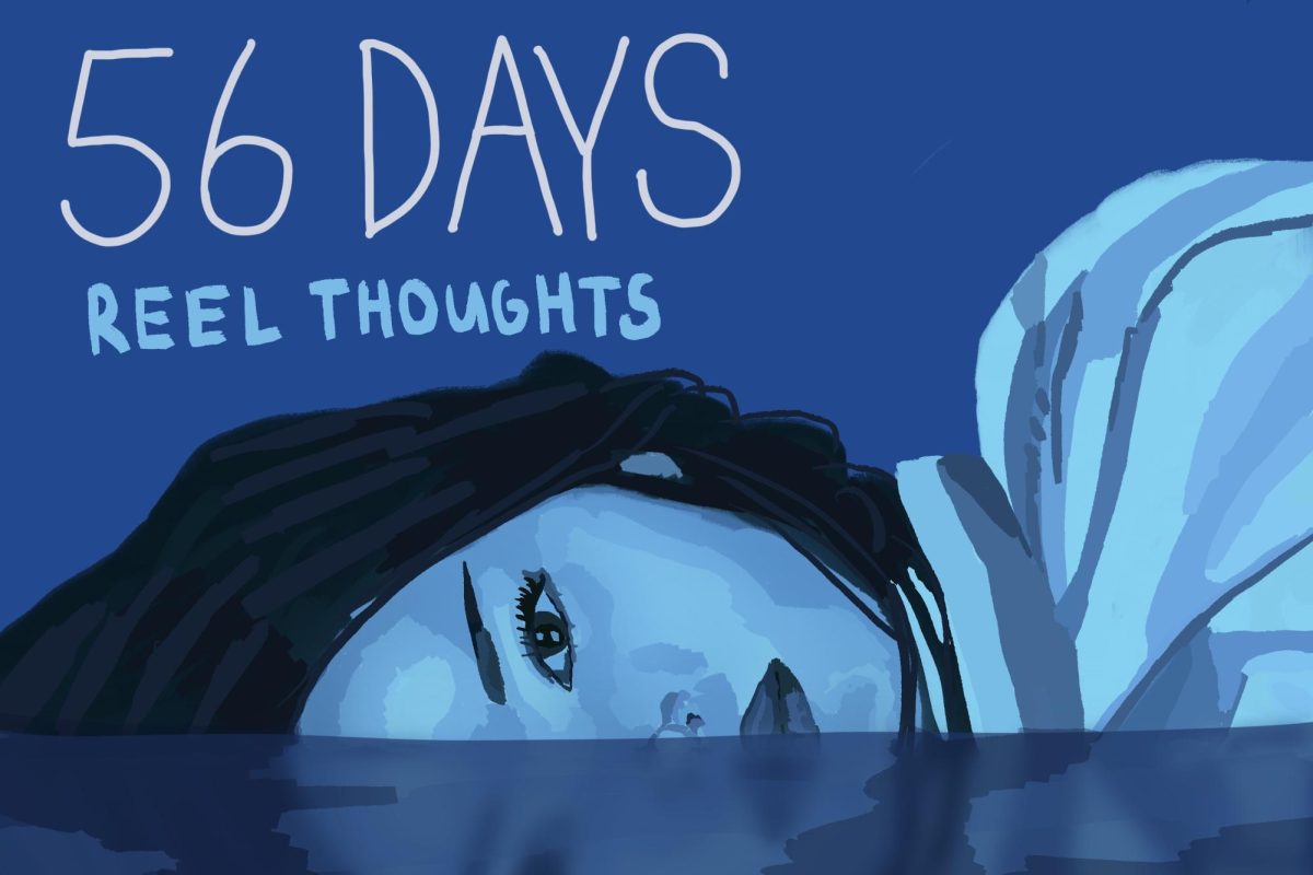 Dove Cameron is lying sideways with half her face submerged in water. “56 DAYS” and “REEL THOUGHTS” are written in the upper left corner above her head.