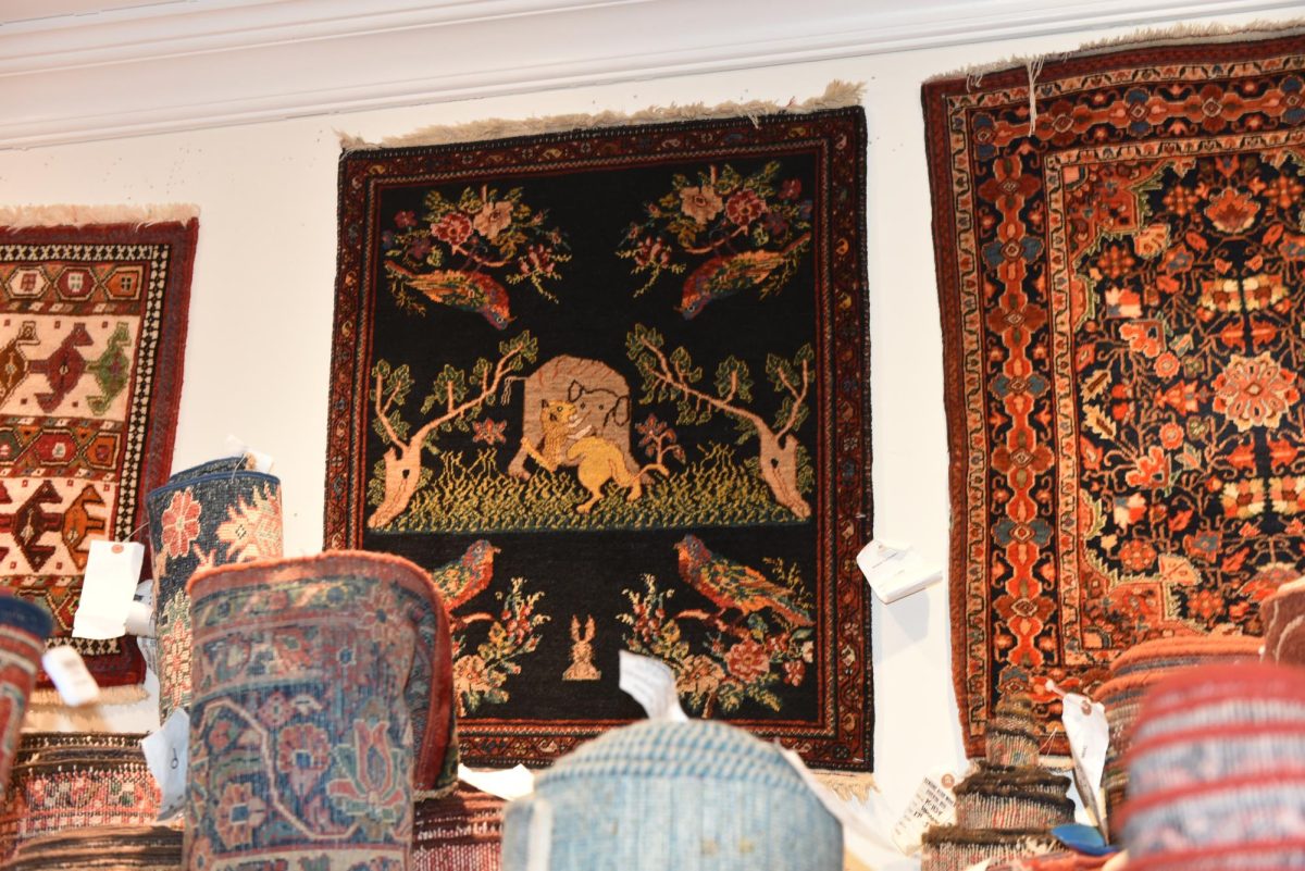 Small black rug with designs inside a store.