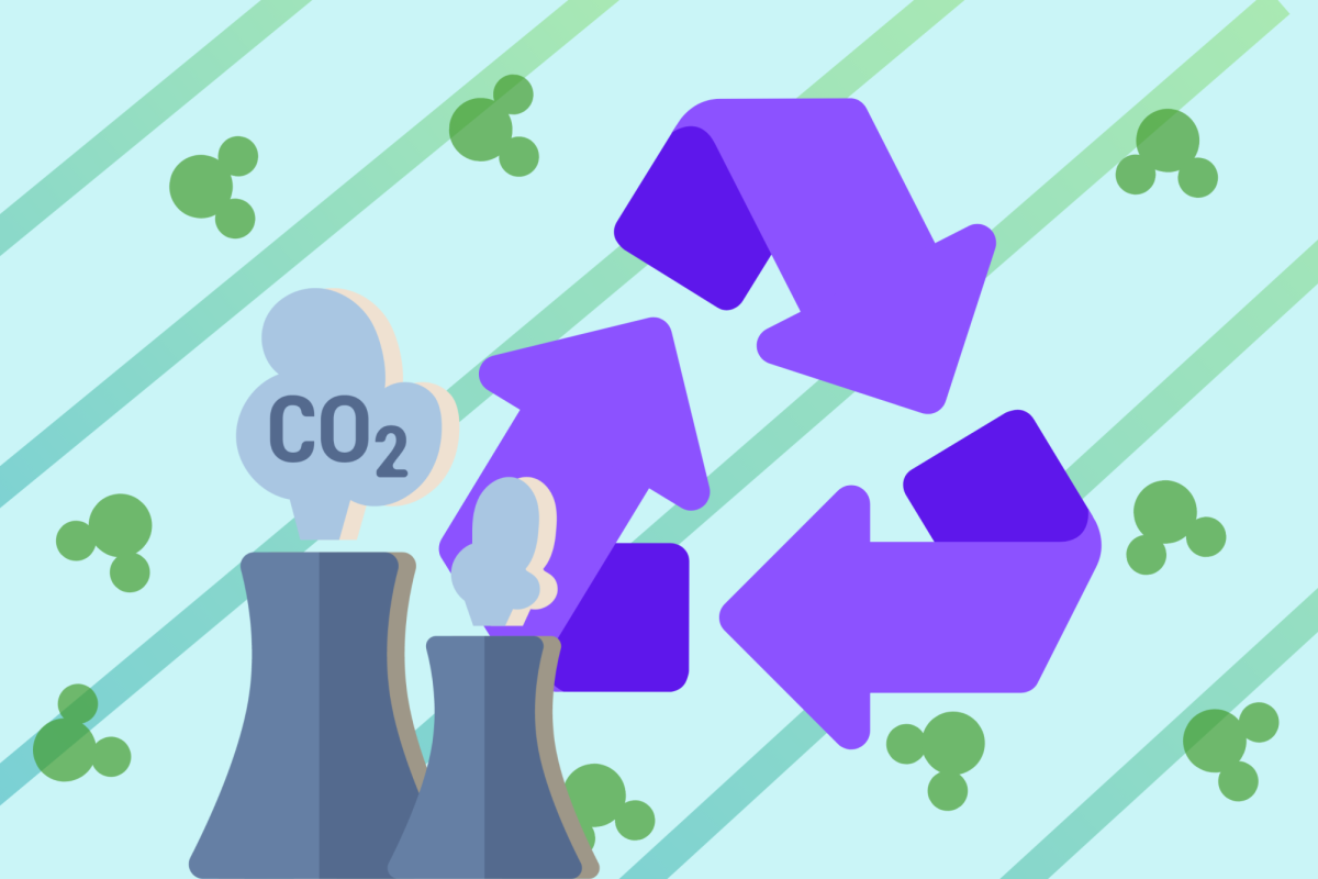 Carbon dioxide coming out of power plants with a recycle sign to the right.