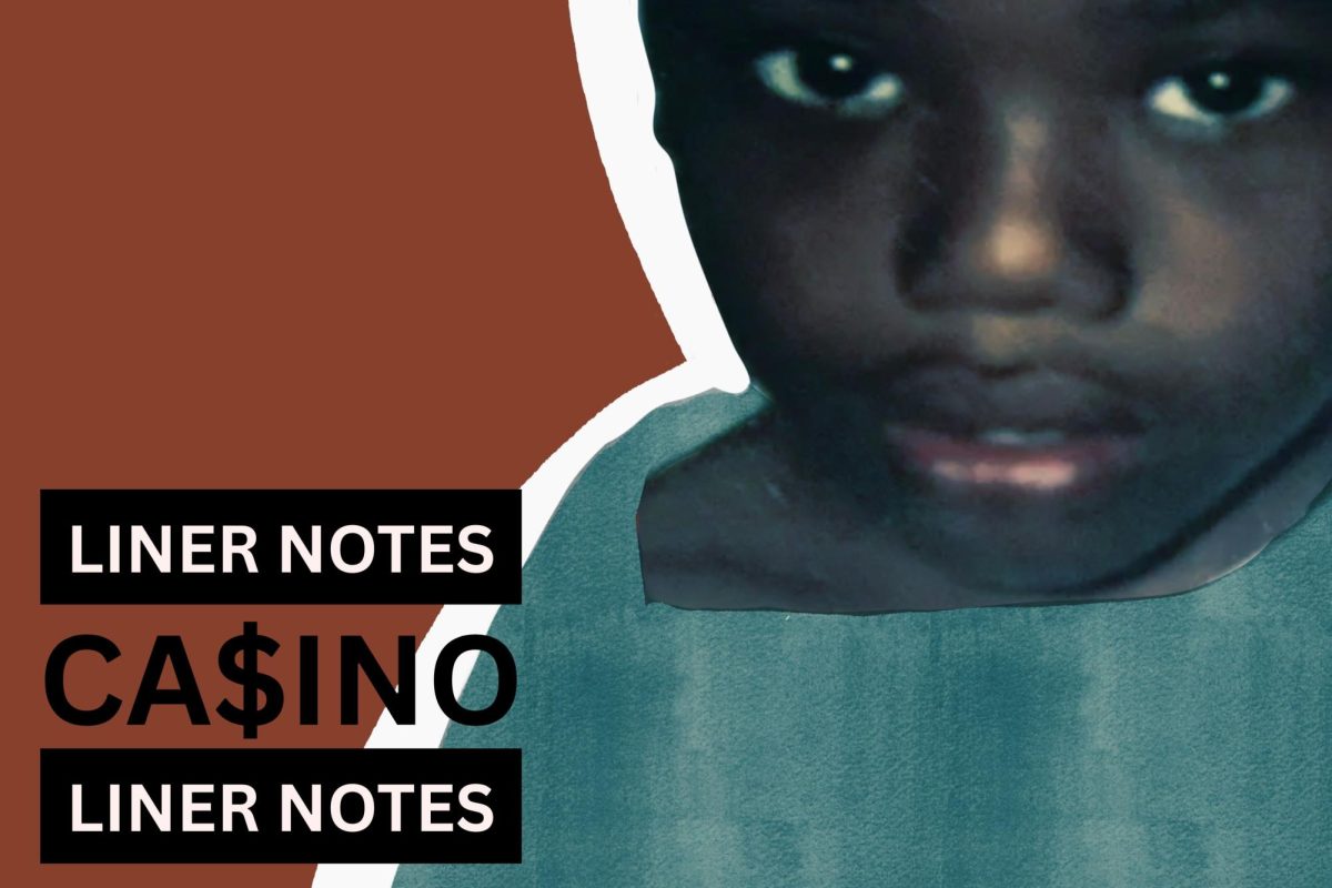 An illustration of a young Baby Keem presents text that says “Liner notes / Ca$ino / liner notes” in the style of a Parental Advisory label.