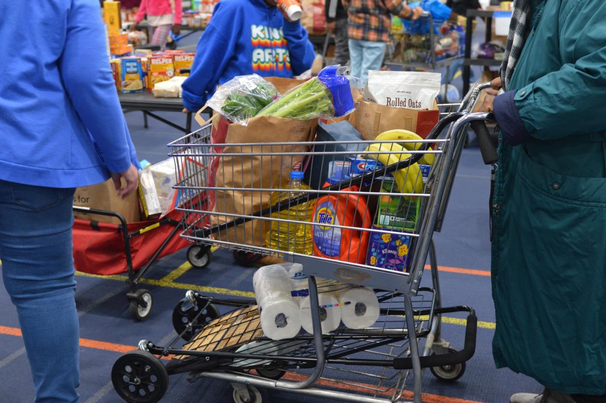 A person pushing a cart full of groceries during a food drive.