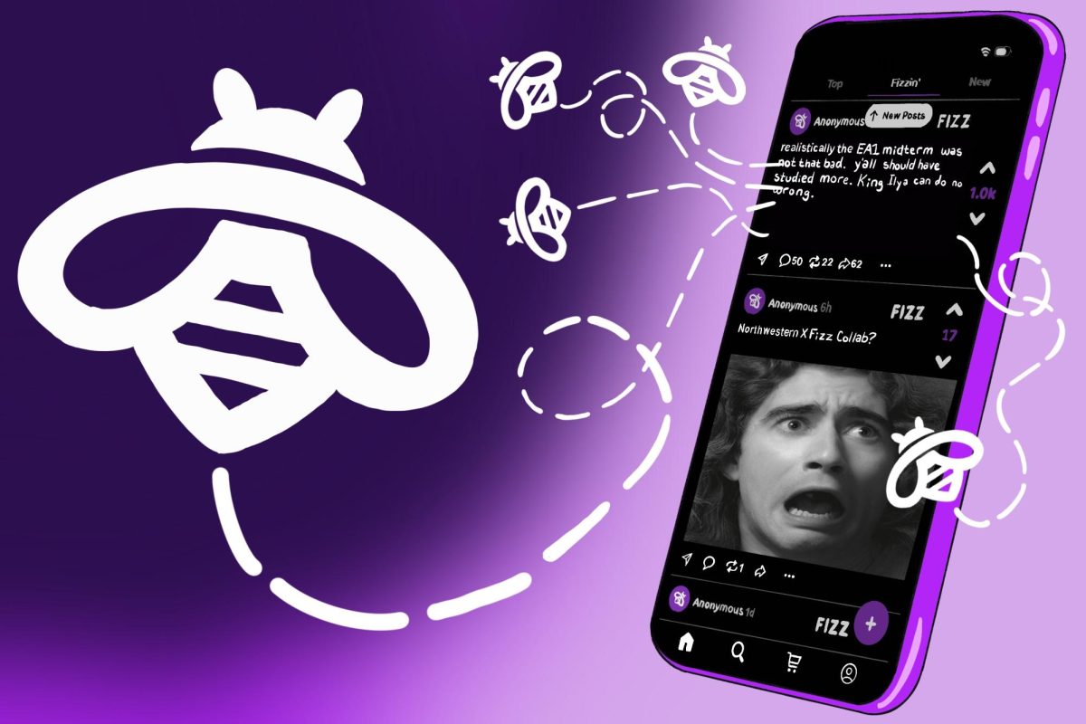 Illustration of white bees on the left and a phone on the right with a purple background
