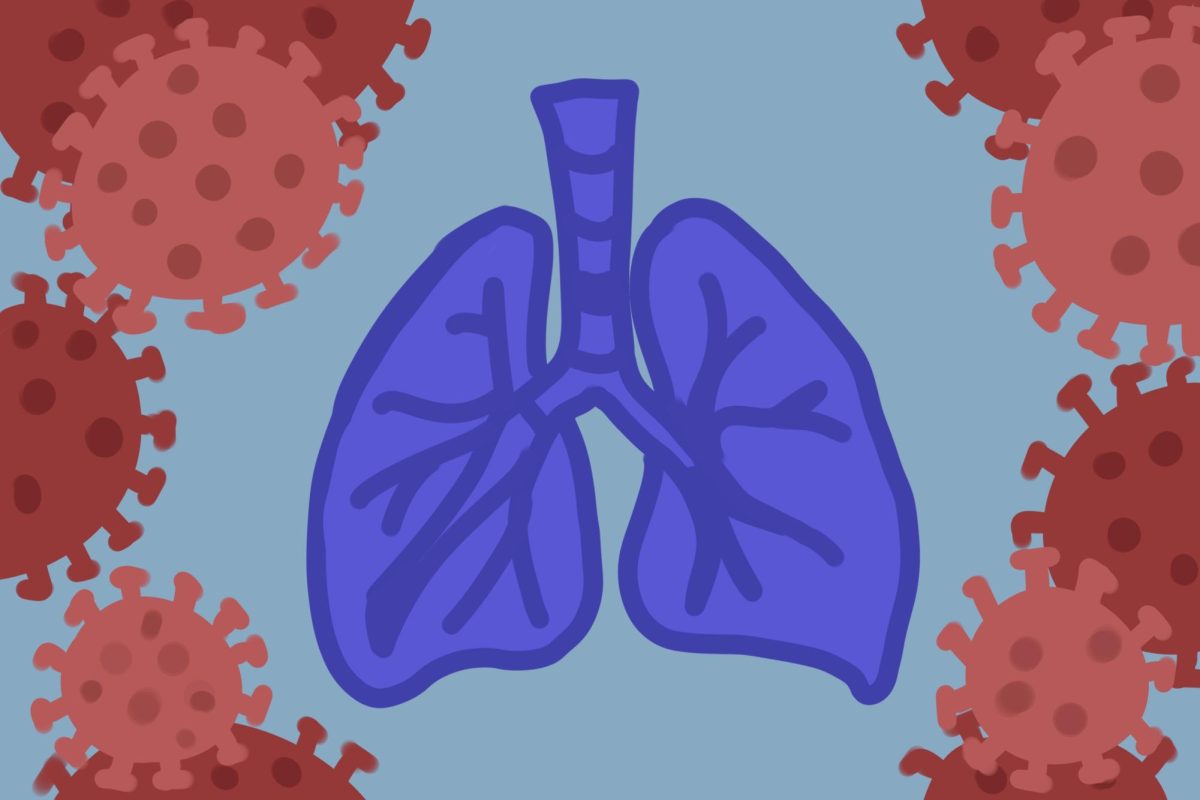 Blue lungs surrounded by red COVID cells