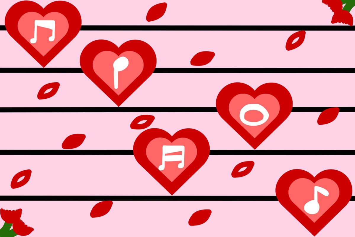 Hearts with music notes in them on a music staff.