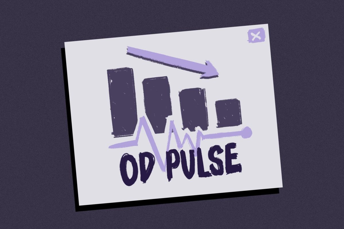 An illustration depicts a downward trending bar graph, representing the slowing decline in overdoses tracked by OD Pulse.