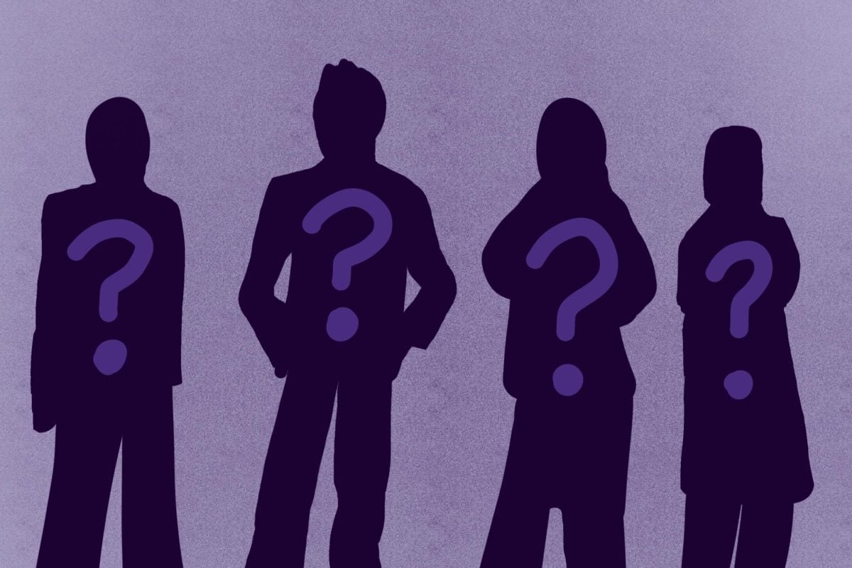 Silhouettes against a purple background.