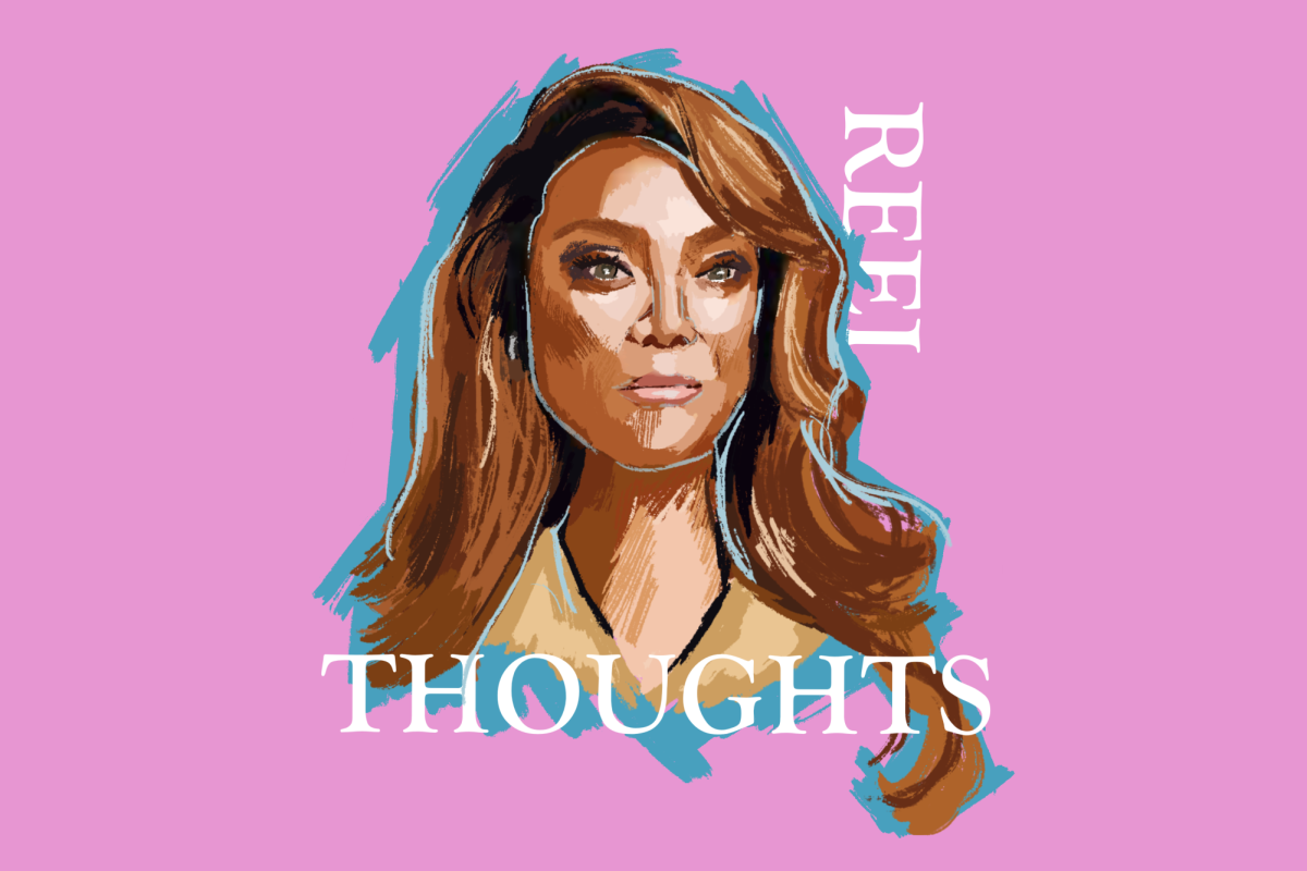 A colorful illustration of Tyra Banks over a hot pink background with the words “Reel Thoughts” framing her face in white text.
