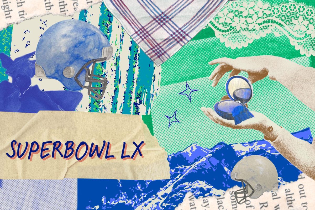 A colorful mixed-media collage featuring two vintage-style football helmets, one blue and one gray, a pair of hands opening a small makeup compact and torn newspaper floating on top of a textured patterned background.