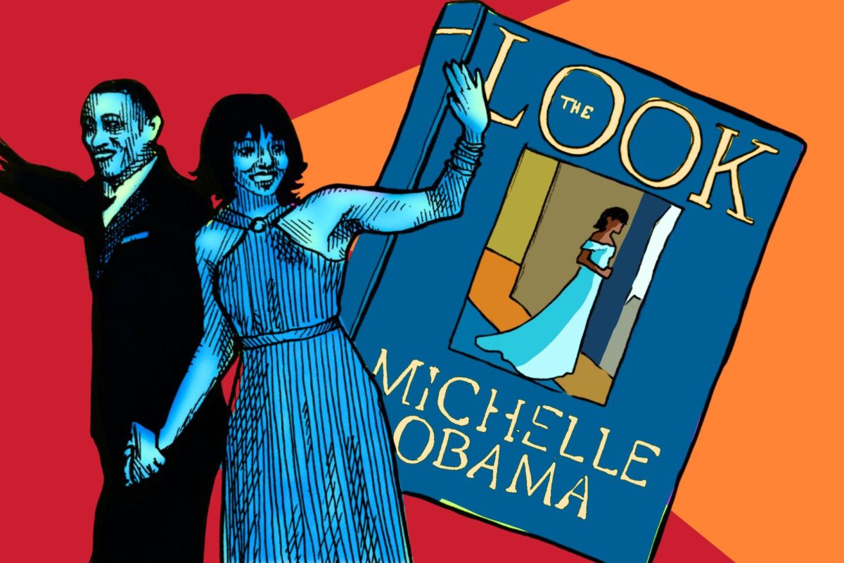 Graphic of Michelle and Barack Obama on an orange and red background with an illustration of the book cover behind them.