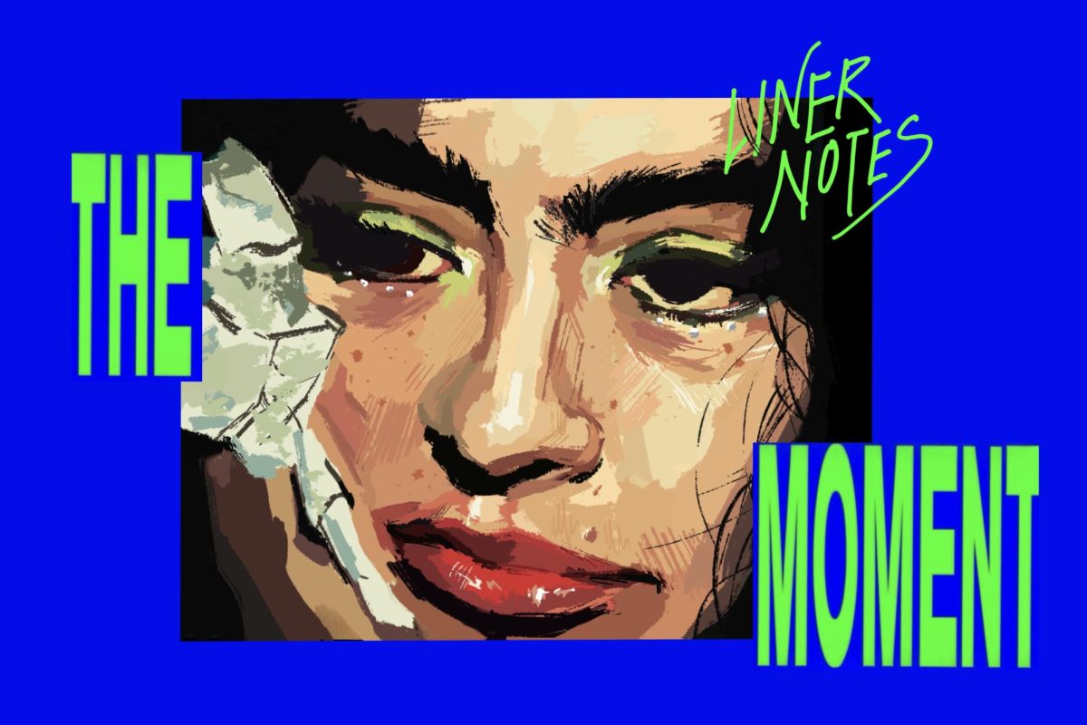 Charli XCX sits sad while neon green text saying “The Moment, Liner Notes” on a blue background.