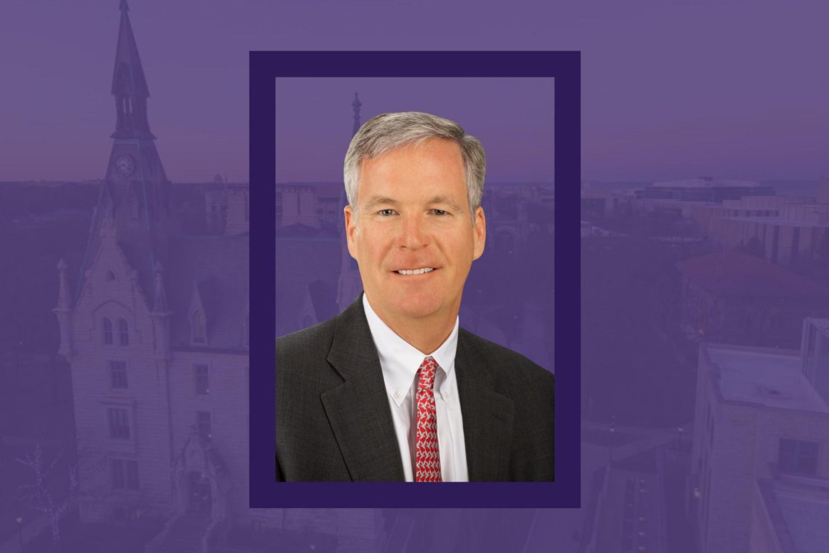 A person against a purple background