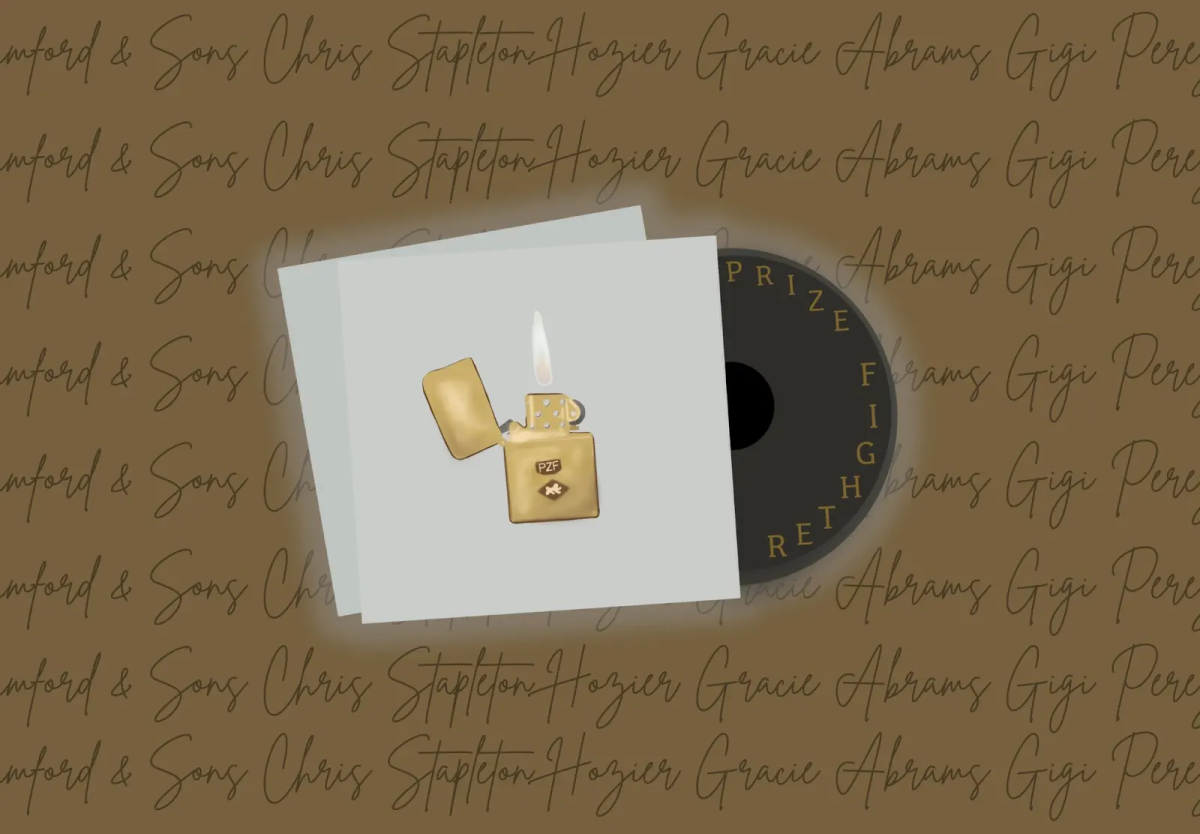 A white vinyl with a gold lighter stands on a light brown background and cursive text.