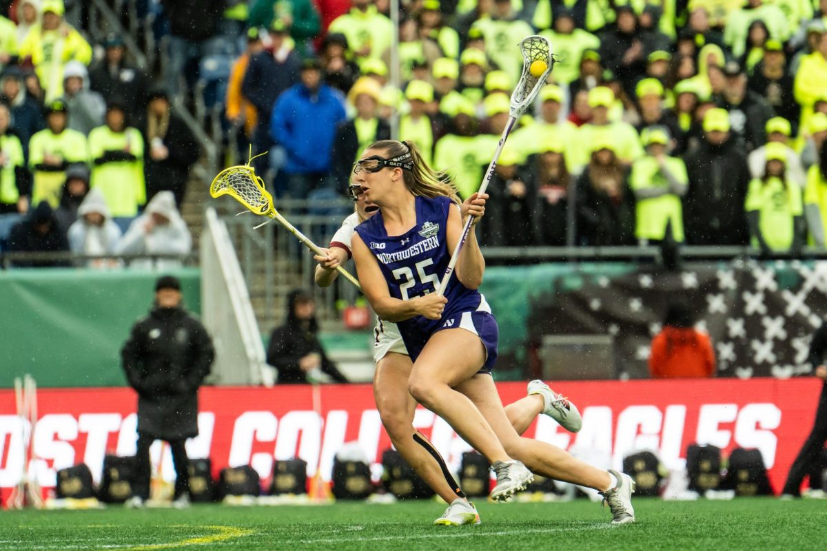 Senior attacker Madison Taylor drives toward the goal against Boston College last season. She tallied five goals and four assists during Friday’s win.
