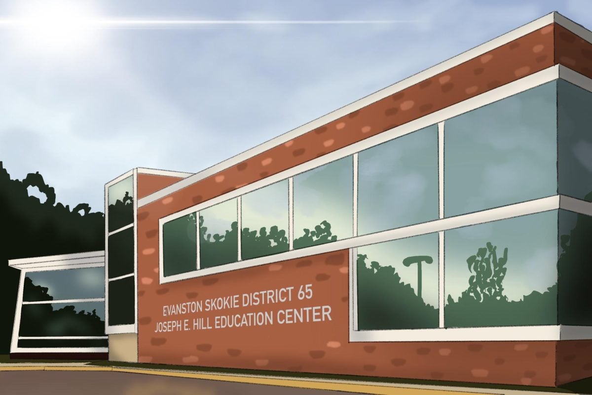 A brick building that reads ‘Evanston Skokie School District 65 Joseph E. Hill Education Center.’
