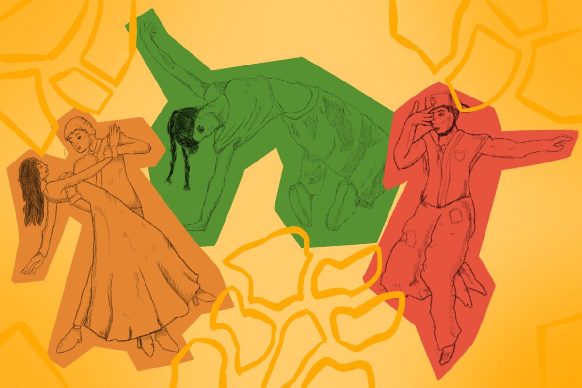 An illustration of figures outlined in orange, green and red dance against a yellow background