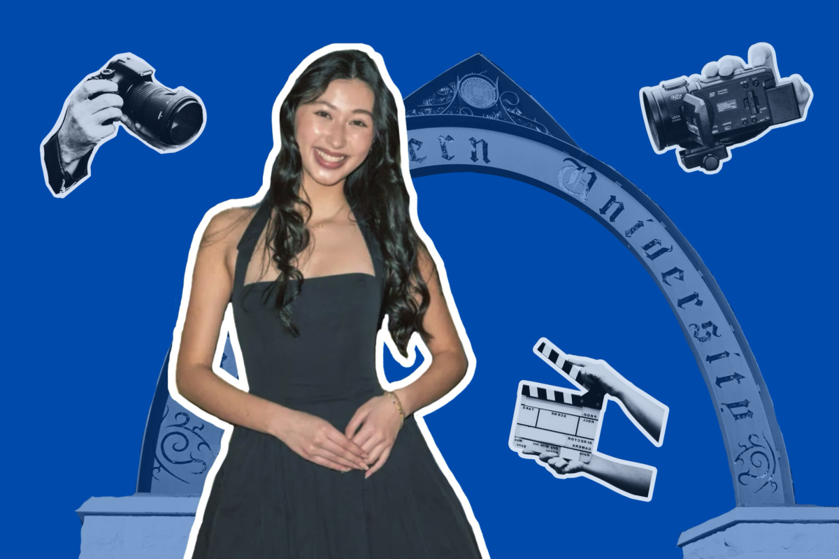 A cut-out image of a girl standing in front of The Arch with a blue background and cut-outs of cameras