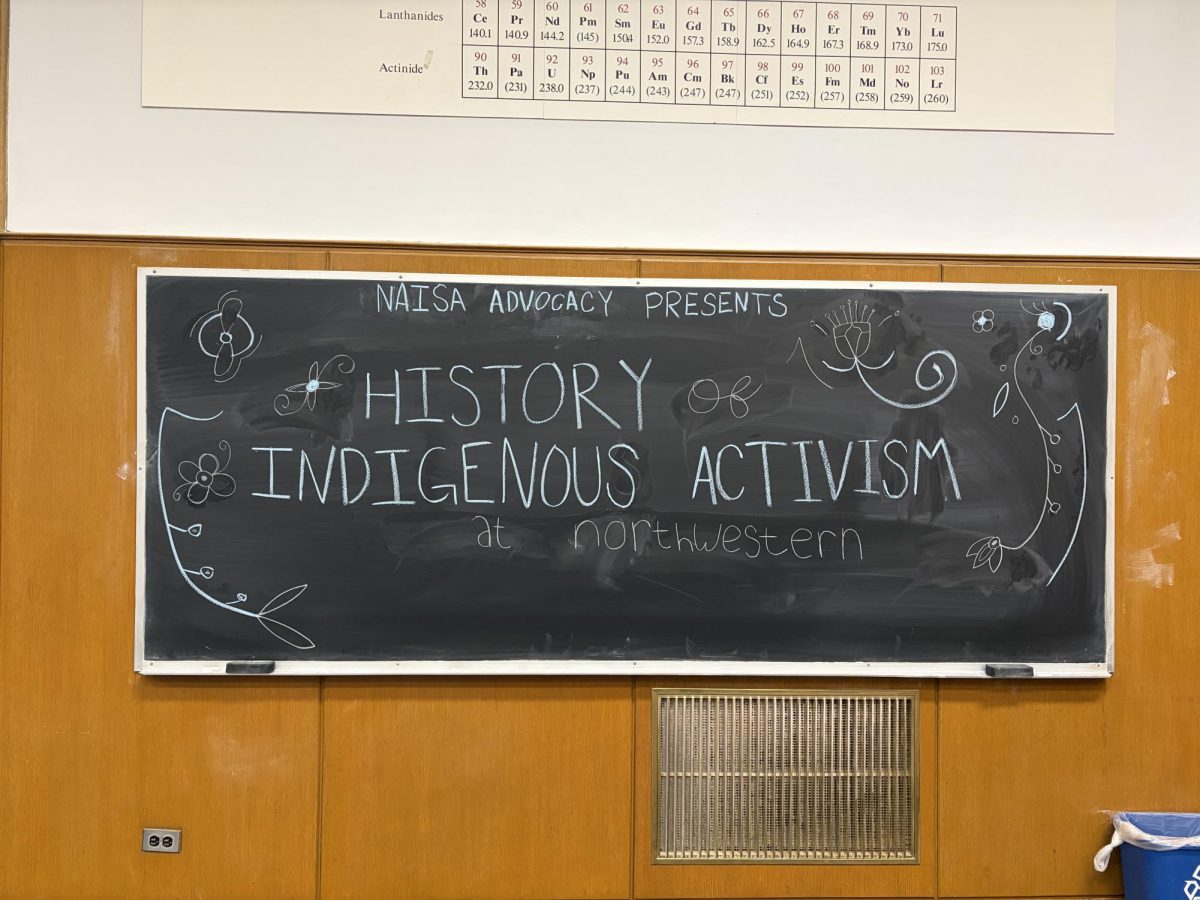 A chalkboard illustration with the words “NAISA Advocacy presents History of Indigenous Activism at Northwestern.”