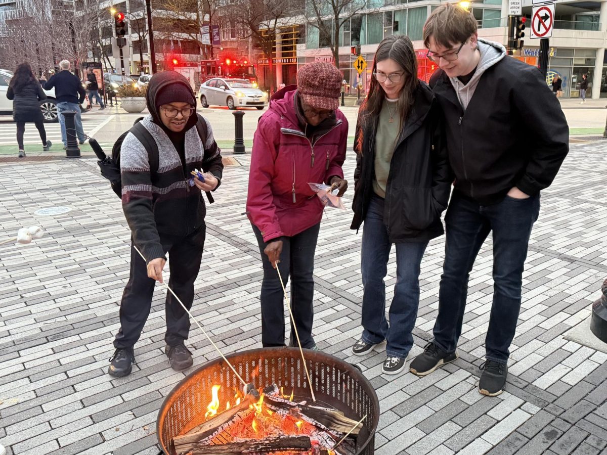 Four people stand around a fire pit, roasting marshmallows with long wooden skewers.