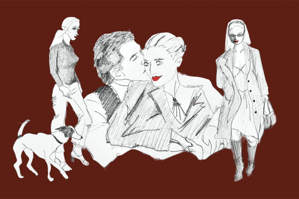 Black and white sketches displaying different outfits of Carolyn Bessette Kennedy.