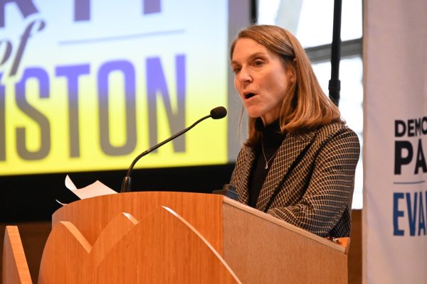 A person at a podium speaks into a microphone.
