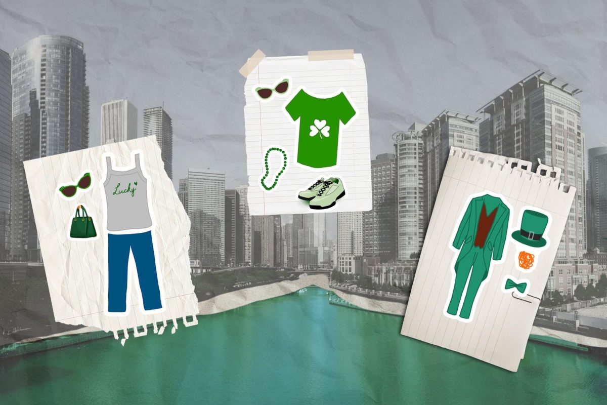 Three green-centric outfits are plastered on top of the Chicago River.