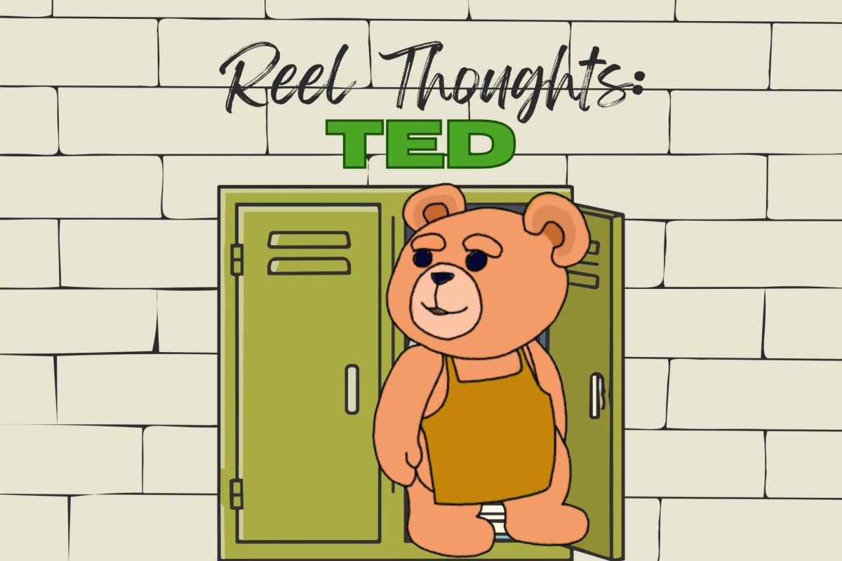 A bear standing in front of green lockers and a brick wall background with “TED” in bright green letters above it.