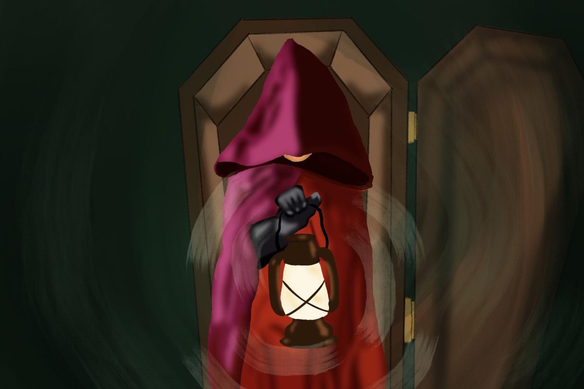 A Traitor, (a person with their face concealed by a magenta and red cloak), steps out of a coffin holding a lantern which illuminates the image