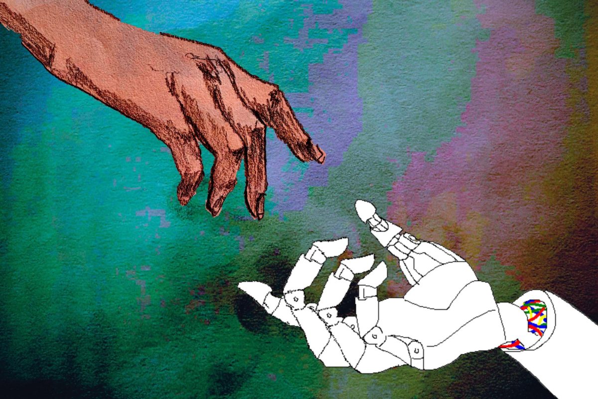 A human hand to the left reaches out to a robotic hand to the left in front of a colorful background.