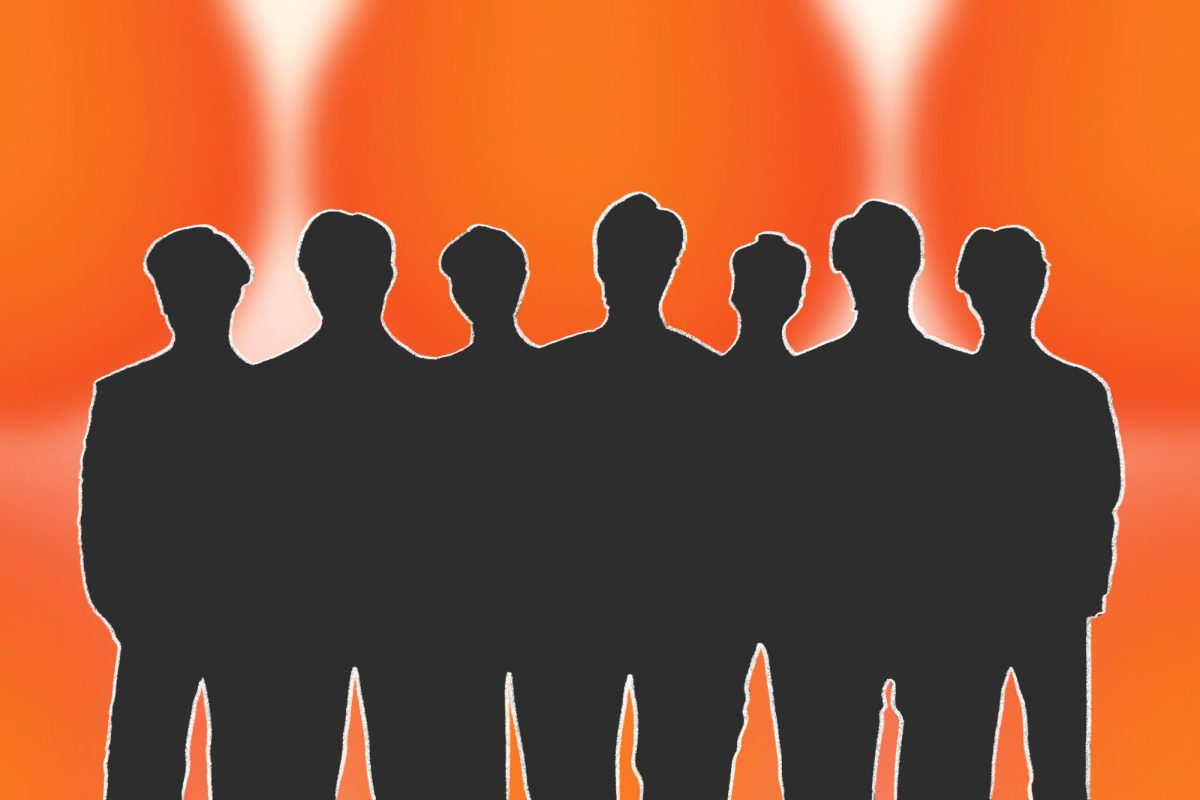 A silhouette of seven men in front of an orange backdrop.
