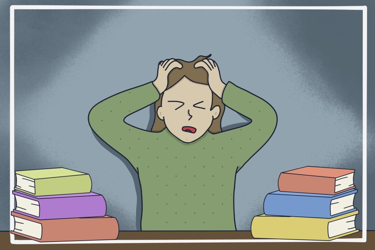 Illustration of a student stressed amid stacks of books
