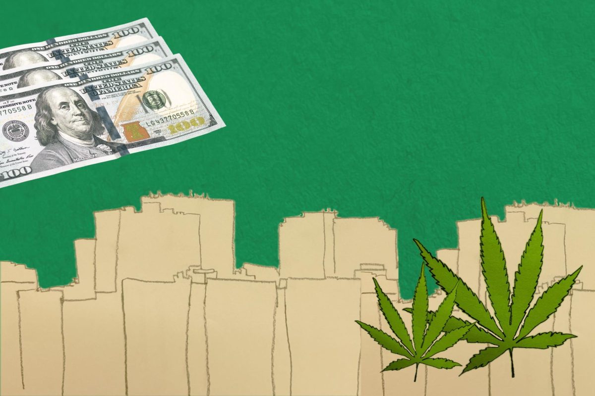 A collage of a city skyline, a marijuana leaf and a stack of dollar bills.