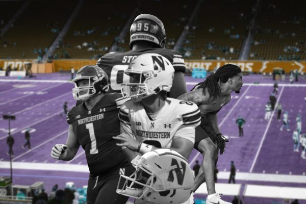 Black and white cutouts of Northwestern football players and team paraphernalia superimposed on an image of a football stadium with a purple turf.